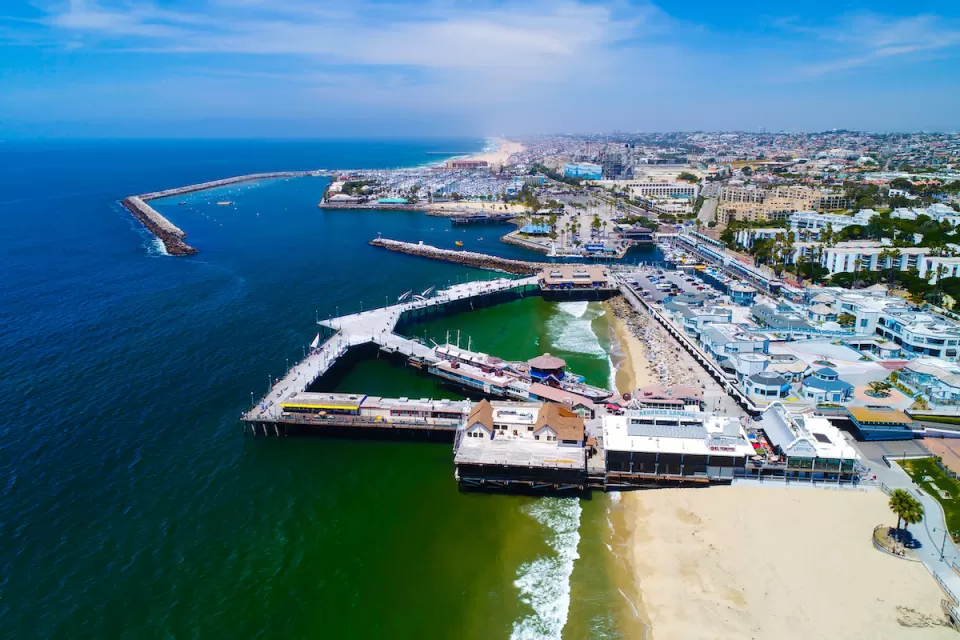 Aerial view of Redondo Beach Pier in Redondo Beach, California on the Pacific Ocean.